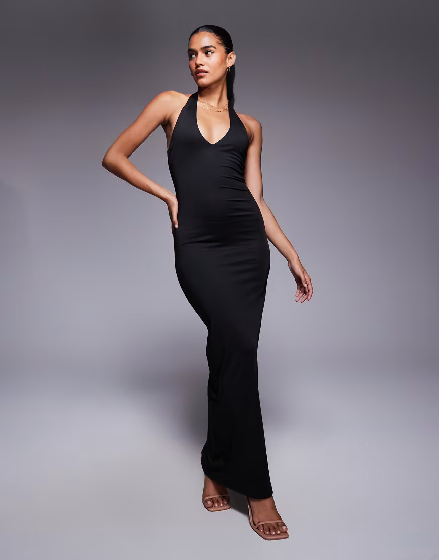 Princess Polly Spicy bodycon halterneck plunge maxi dress in black | ASOS (Global)