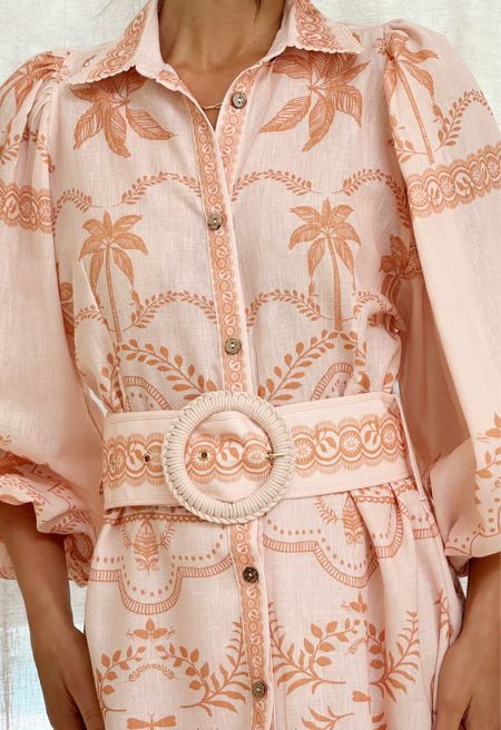Tropical Island Puff Sleeve Belted Shirt Dress for Coastal Walks & Seaside Dinners | Chicwish