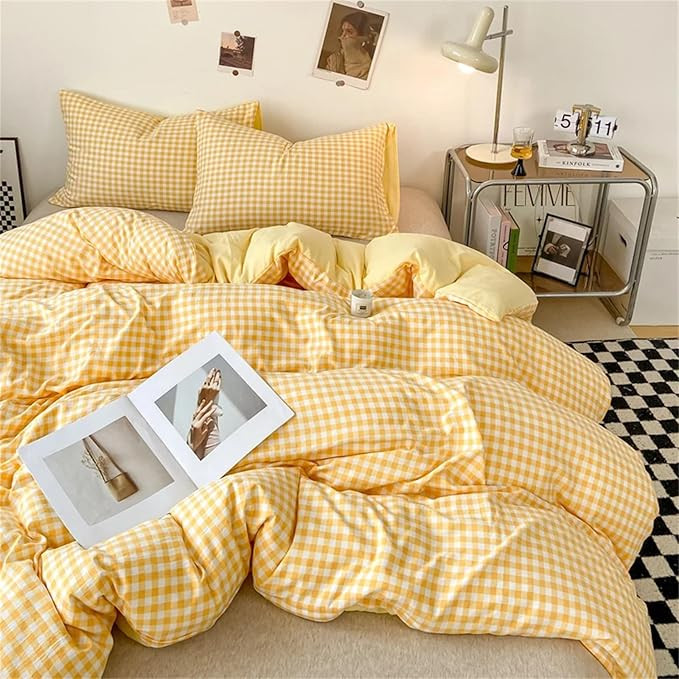 Yellow Gingham Twin Checkered Duvet Cover,Washed Cotton Comforter,3 Pieces Checkered Plaid Duvet ... | Amazon (US)