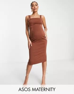 ASOS DESIGN Maternity corset midi pencil dress with ruched bust in chocolate | ASOS (Global)
