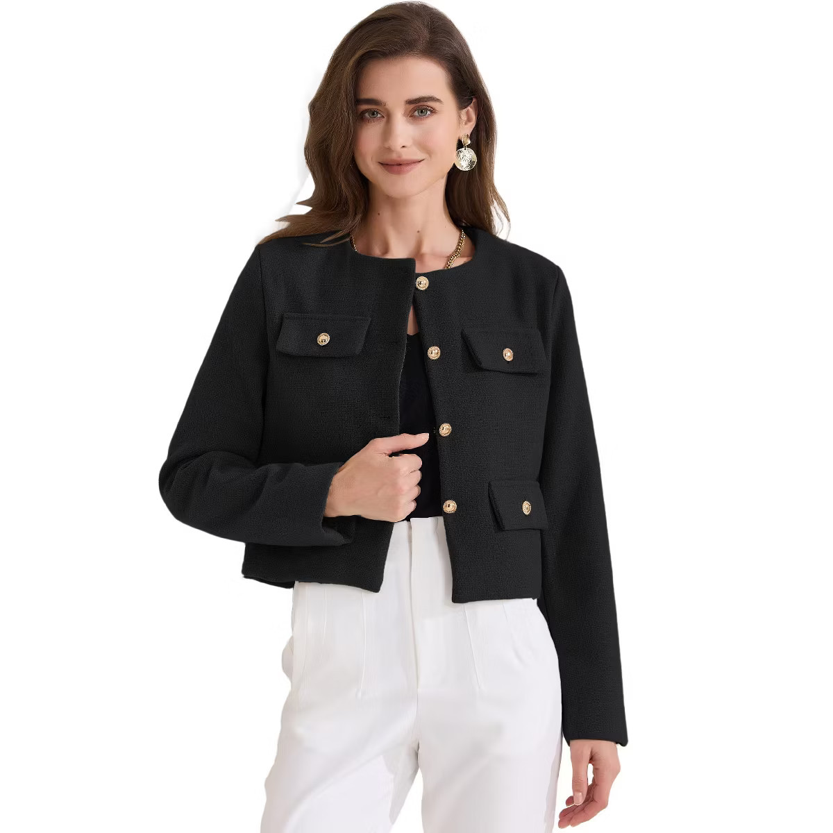 INSPIRE CHIC Women's Cropped Tweed Long Sleeve Button Down Fall Winter Work Business Blazer | Target