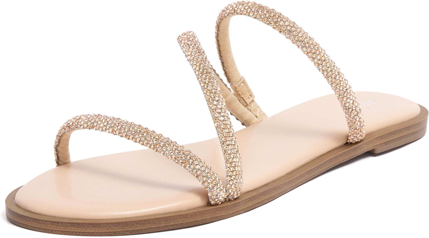 REDTOP Women's Rhinestone Flat Sandals Slip on Open Toe Memory Foam Sandals Slide Sandals for Wom... | Amazon (US)