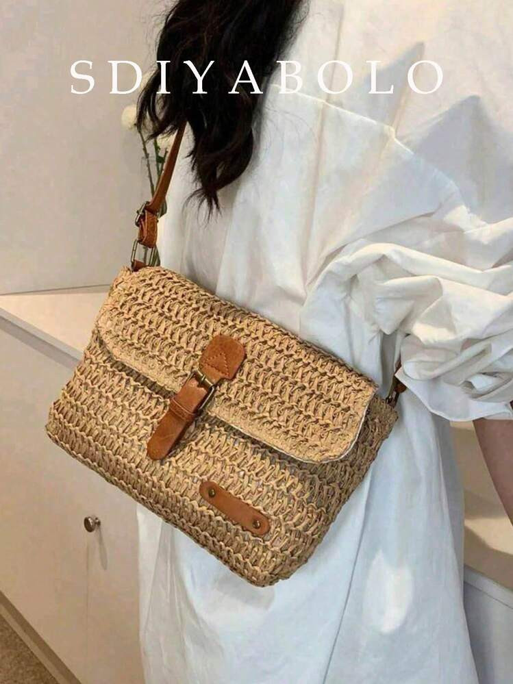 Vintage Fashionable Large Capacity Woven Handbag Beach Vacation Straw Shoulder Crossbody Bag | SHEIN