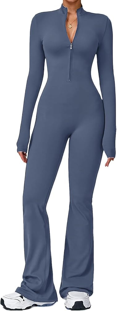 ECUPPER Women Long Sleeve Flared Jumpsuit Zip Up Romper One Piece Full Bodysuits Yoga Unitard Wid... | Amazon (US)
