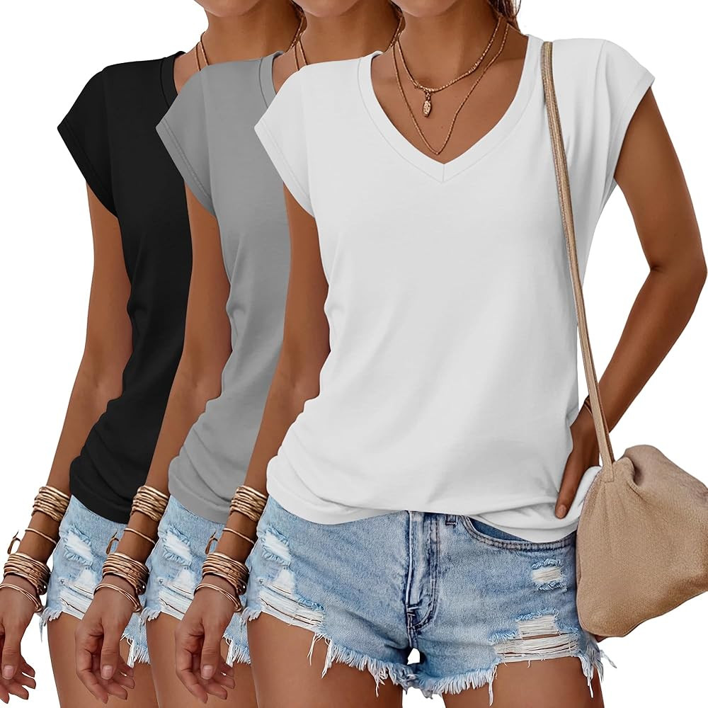 Huukeay 3 Pack Women\u2019s V Neck T Shirts, Cap Sleeve Summer Casual Tops Loose Fit Short Sleeve... | Amazon (US)