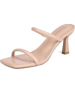 Kitten Heels for Women Two Strap Mules Mid Square Open Toe Slip On Heeled Sandals | Amazon (US)