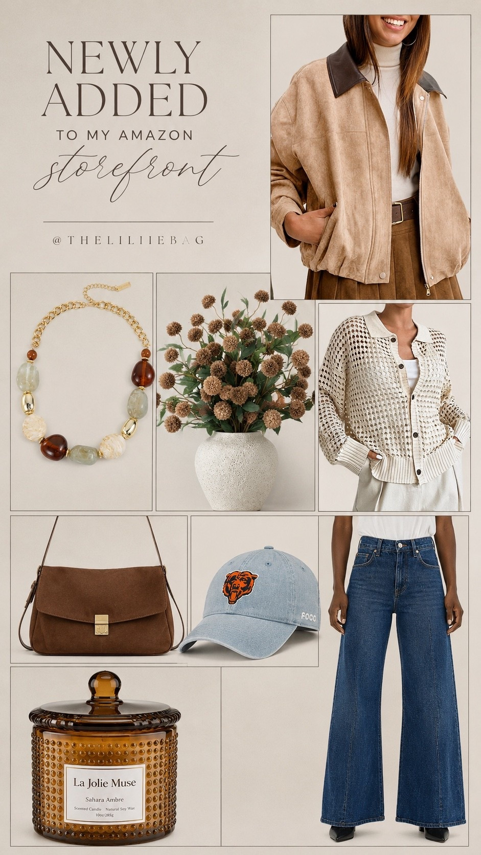 Everything I’m loving for late summer → fall just hit my Amazon Storefront. 🤎✨

The suede bomber is a must, these wide-leg jeans are SO flattering, and I couldn’t pass up the cozy knit cardigan. Added a gorgeous everyday crossbody, chic jewelry, the cutest Bears hat, my favorite fall candle, and home decor to bring all the cozy vibes.

Amazon new arrivals, Amazon finds, Amazon fashion, Amazon storefront, suede bomber jacket, wide leg jeans, knit cardigan, crossbody bag, statement necklace, faux florals, Bears hat, fall candle, home decor, neutral style, late summer outfits, fall fashion, affordable fashion, Amazon style.

#LTKootd #LTKSeasonal