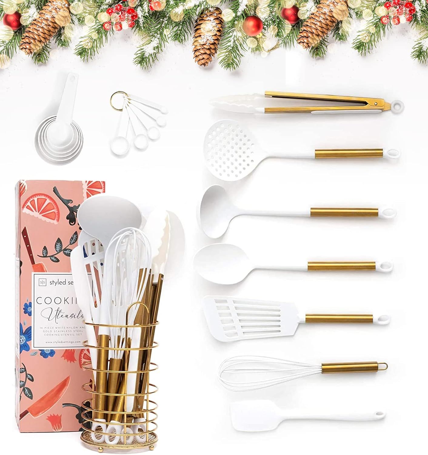 White and Gold Cooking Utensils with Holder - 18 PC Gold Kitchen Utensils Set Includes White Cook... | Amazon (US)