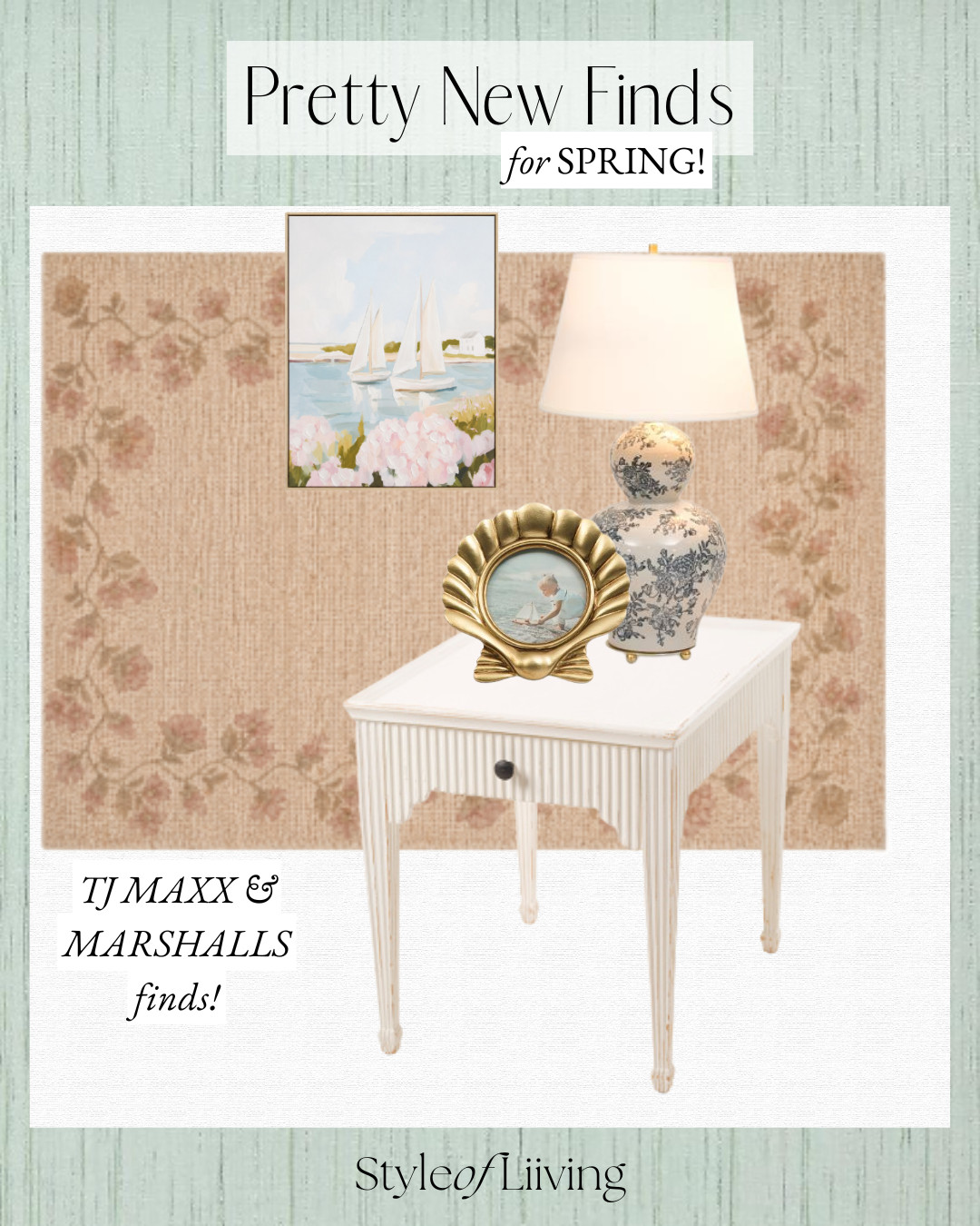 TJ Maxx and Marshalls home finds! Jute area rugs, side tables, bookcase, gold framed wall art, canvas wall art, shell picture frame, table lamp. #tjmaxx #marshalls #homedecor #furniture #budgetfriendly #springhome 

 #LTKSeasonal #LTKHome #LTKSaleAlert