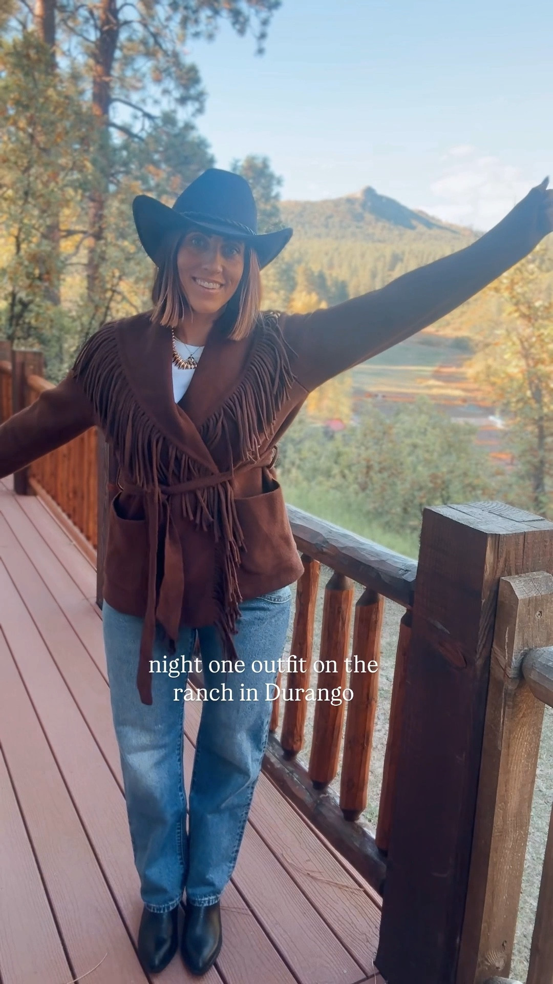 Night, one dinner outfit on the ranch in Durango!! Linking up my fringe jacket, denim, and more!

- fringe wrap, cardigan - size small
- western Levi’s - size 28 (size up one)
- $8 white tee - size small 
- boots - size 8.5 (size up)

#RanchOutfit #Western #Colorado #Durango #WesternStyle #CountryOutfitInspo #FreePeople #Anthropologie #DenimJeans #CowboyHat #AmazonFashion #WalmartFashion 

#LTKOver40 #LTKFindsUnder50 #LTKTravel