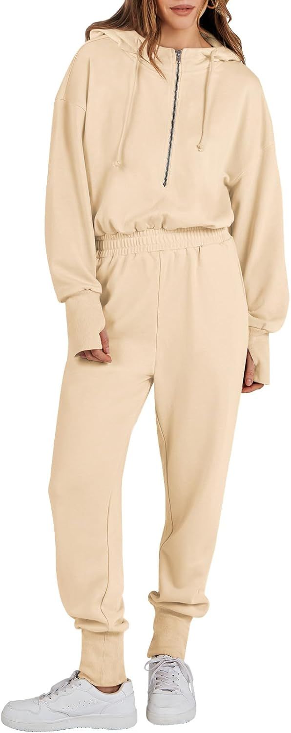 ANRABESS Womens Jumpsuits Long Sleeve Zip Up Hooded Onesie Athletic Sweatsuit Jumpsuit Lounge Long P | Amazon (US)