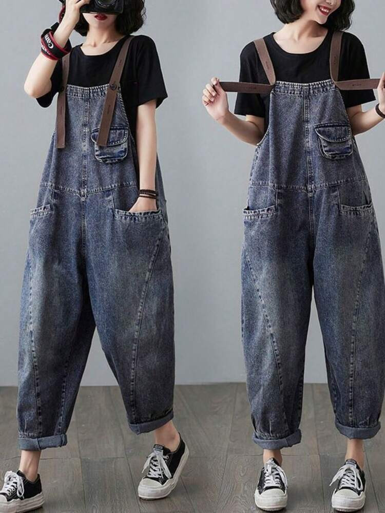 New Women's Denim Overalls - Youthful, Loose-Fit Korean Style Jumpsuit For Spring & Autumn - Slimming Outerwear With Adjustable Straps | SHEIN