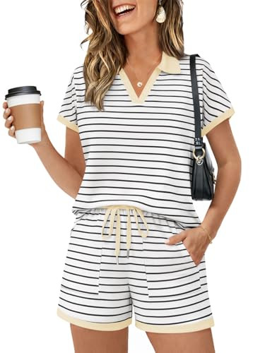 Yousify Womens 2 Piece Short Sets Striped Lounge Set Short Sleeve Tops and Drawstring Shorts Summer Outfits with Pockets | Amazon (US)
