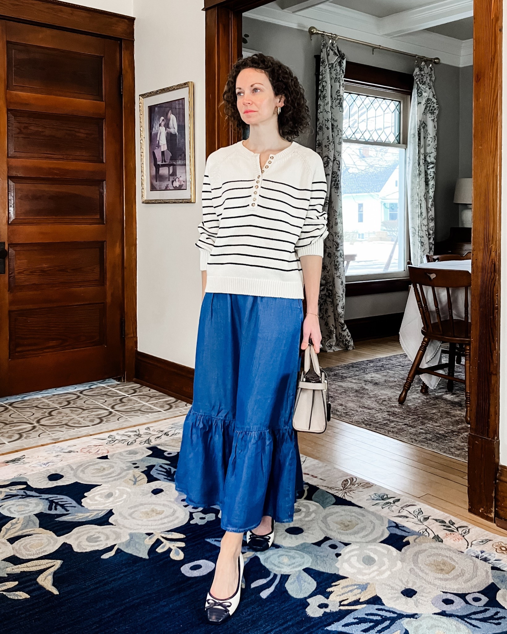 Sharing a recent skirt I got from Amazon!
Cotton stripe sweater from @SEZANE 
Denim skirt from Amazon. 
Gold braided earrings are old, linking similar. 
Leather leather handbag from Le Tanneur. 
Ballet flats from Nine West, linking similar, mine are old. 
Petite outfit. Modest outfit. Winter outfit. Classic outfit  

#LTKgrwm #LTKmomlife #LTKootd