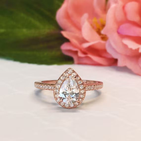 1 ctw 3/4 ct Pear Halo Engagement Ring, Classic Halo Ring, Man Made Diamond Simulants, Wedding Ri... | Etsy (US)