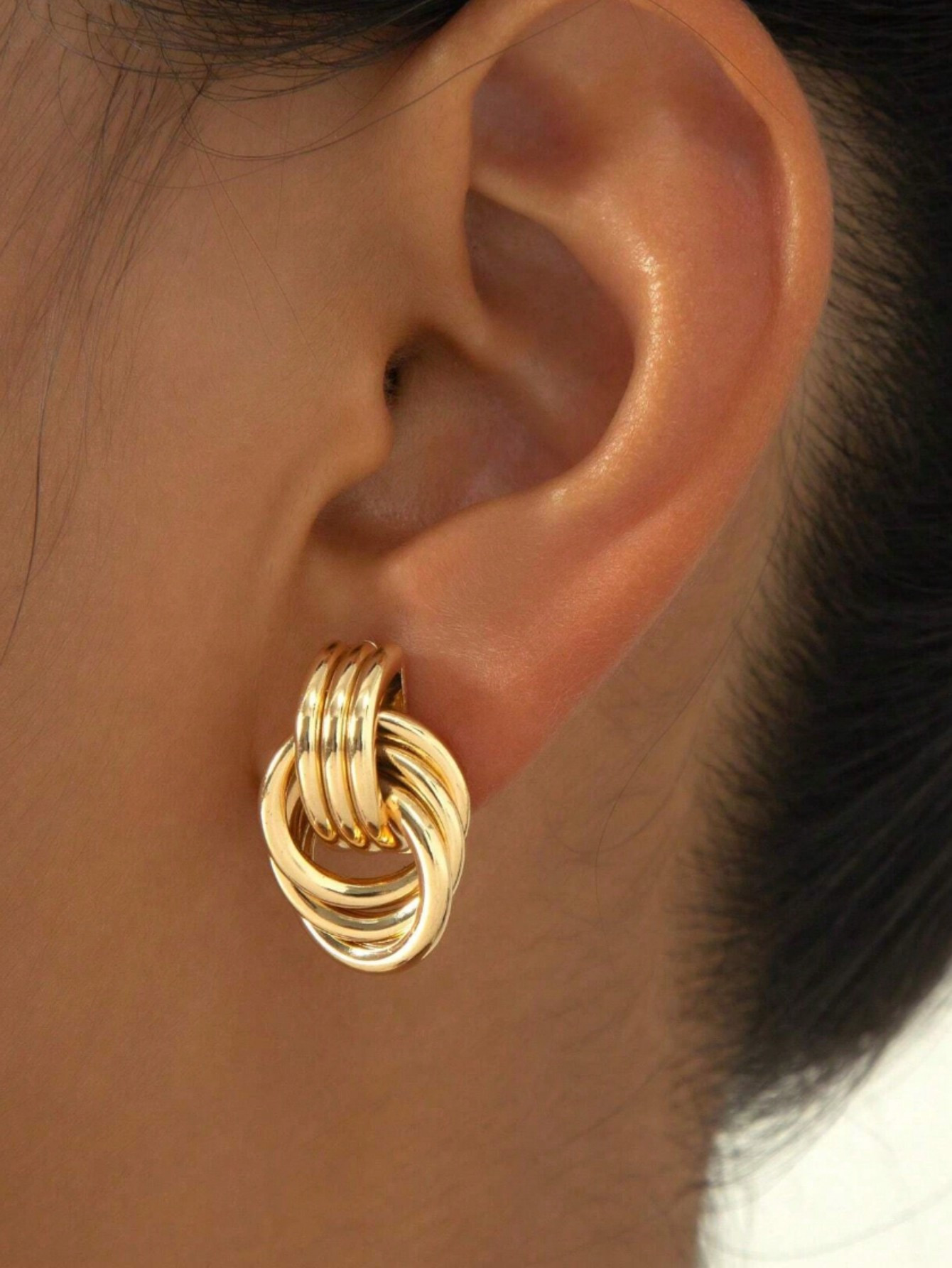 1pair Fashionable Gold Tone Alloy Multi-Turn Knotted Design Stud Earrings For Women, Double Hoop ... | SHEIN