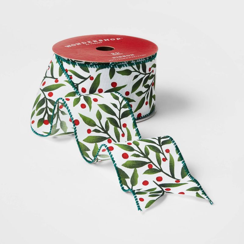 2.5" Holly Print Faux Linen Ribbon White 21ft - Wondershop™ | Target