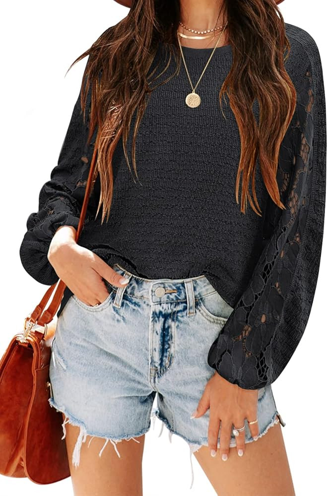 MIHOLL Women's Long Sleeve Shirt Lace Crewneck Casual Loose Fit Tops Blouse | Amazon (US)