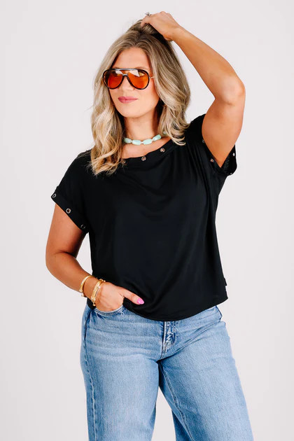 Auralis Metal Trim Black Eyelet Short Sleeve Top | The Willow Tree