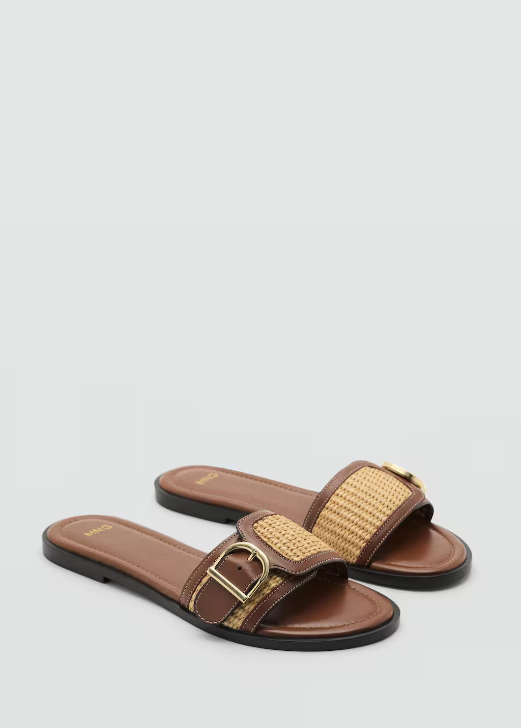 Raffia leather-blend sandals with buckle leather - Women - 6½ - MANGO | Mango (US/MX/AU)