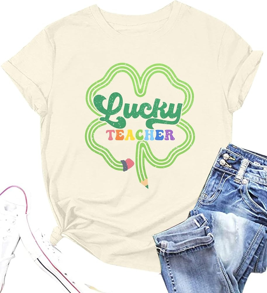 Lucky Teacher Shirts Women St. Patrick's Day Shirts Lucky Irish Shamrock Shirt Vintage Casual Sho... | Amazon (US)