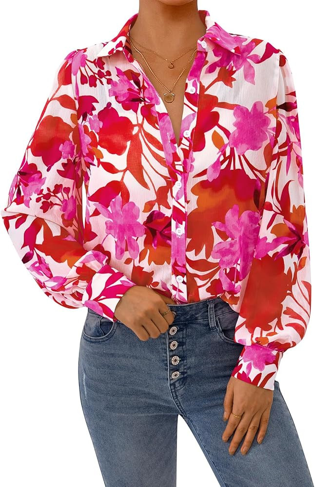 PRETTYGARDEN Women's Floral Blouses Dressy Casual V Neck Button Down Shirts Lantern Long Sleeve B... | Amazon (US)