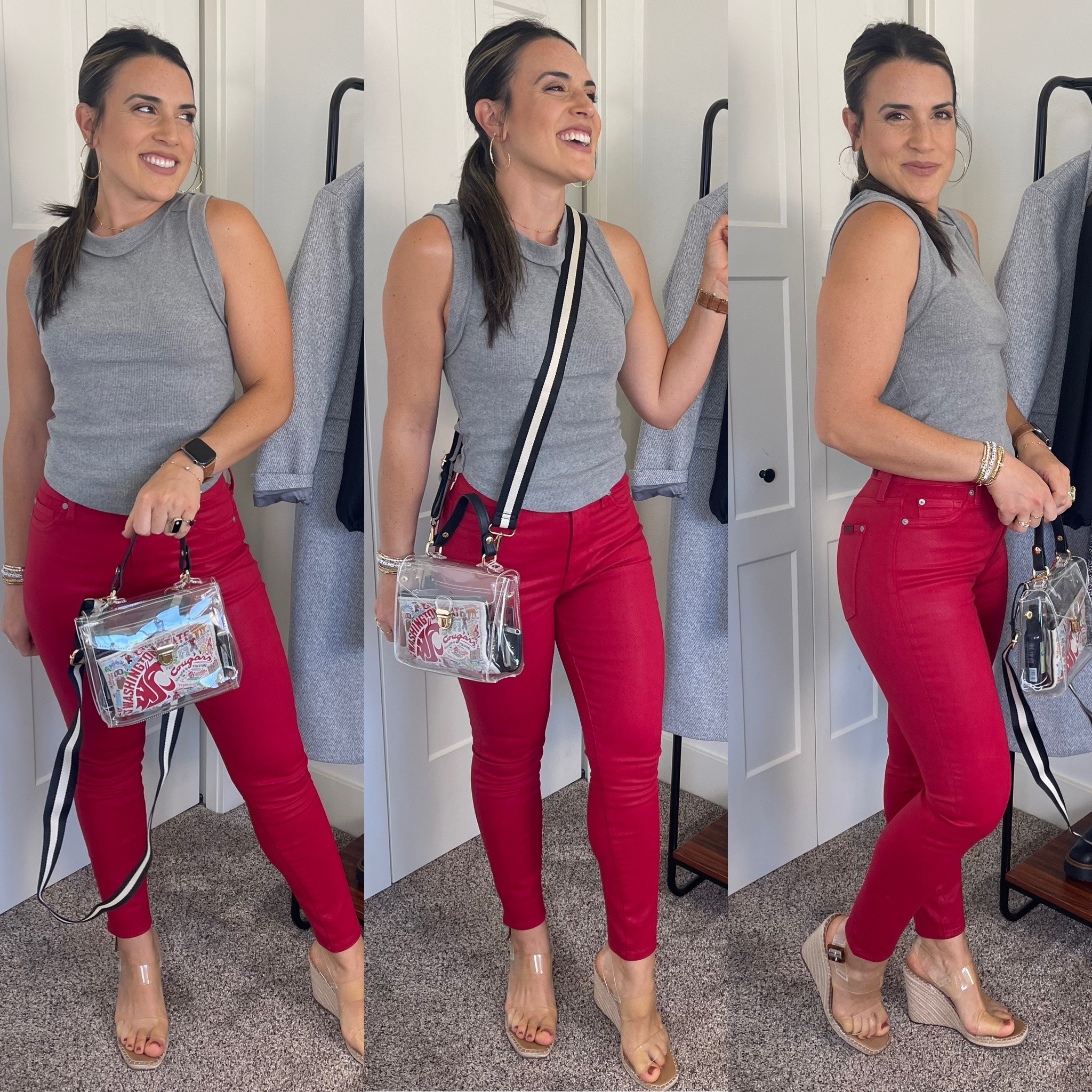 Game day outfit idea | red coated jeans | 7 for all mankind | free people | grey tank top | clear heels | college football Saturday | nfl Sunday | football game outfit idea 

Tank fits tts. 
Jeans fit tts. 


#LTKSeasonal #LTKstyletip #LTKparties