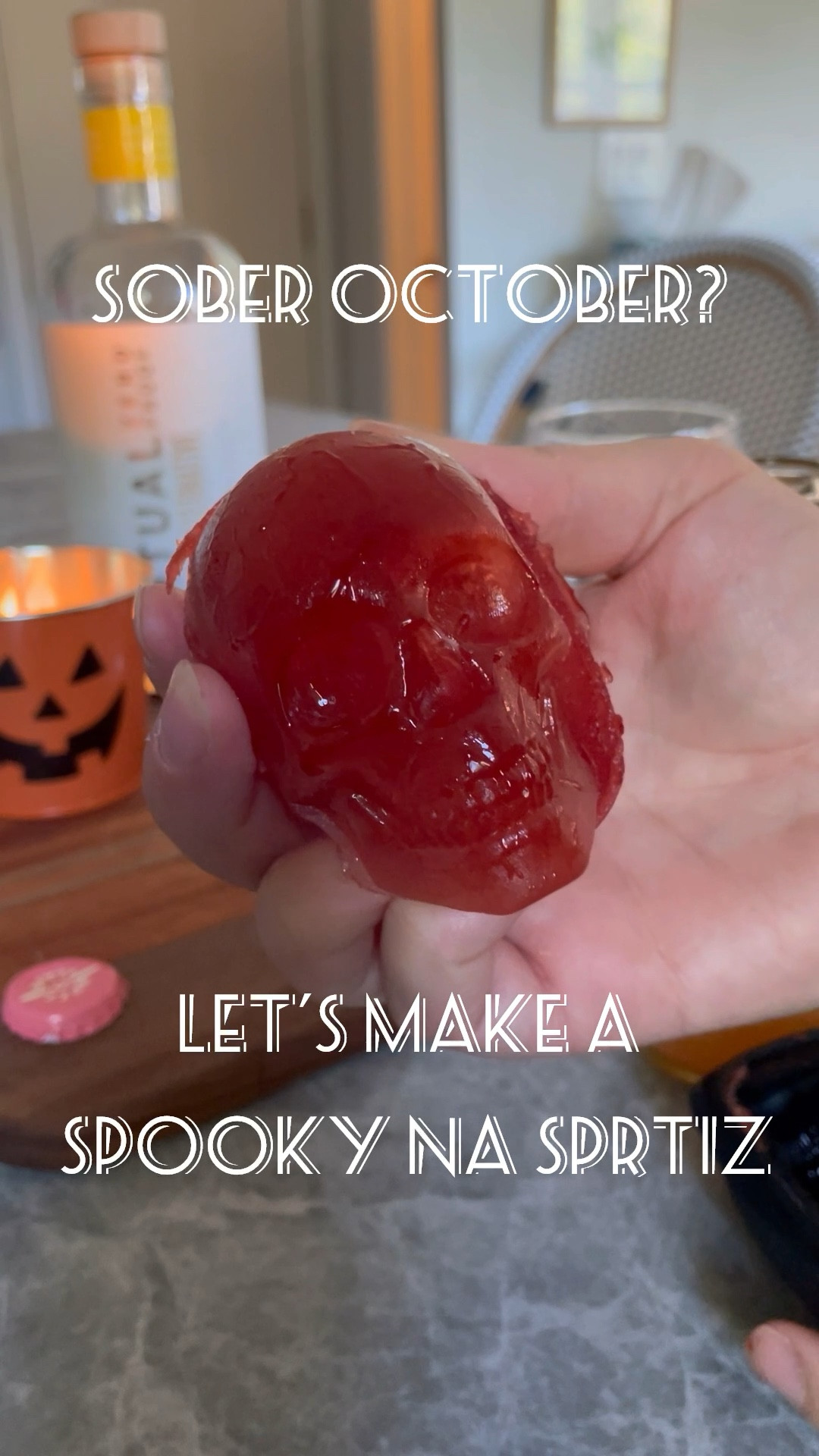 whether you’re doing sober october, pregnant with your own lil boo, or just trying to cut back: this spooky NA spritz is so delicious and the perfect way to ring in the season! ⁣
⁣
I found this 3-D skull, ice cube tray on Amazon. I decided I wanted to try to get a bloody skeleton vibe with my spritz, so I filled up the mold rituals zero proof: apéritif alternative and then froze over night ⁣
⁣
once the mold was set, I topped with betty buzz grapefruit, which includes all fresh ingredients. In total, this cocktail comes in at 60 calories, but has the bite of a full fat cocktail ⁣
⁣
saying goodbye to the BOO-ze whether long term, or just for a bit, is so much more fun with what is available on the market today! these two brands are some of my faves