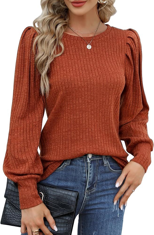 HOTOUCH Women's Knit Blouse Soft Puff Long Sleeve Shirt Tops Lightweight Round Neck Tunic S-XXL | Amazon (US)