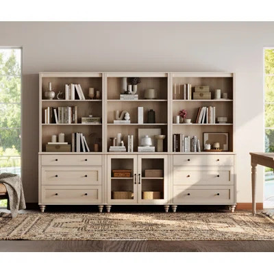 Bookcase With Drawers And Glass Doors, Tall Book Case With Open Book Shelfs, Large Wood Bookcases Farmhouse Bookshelves For Living Room Bedroom Home O | Wayfair North America