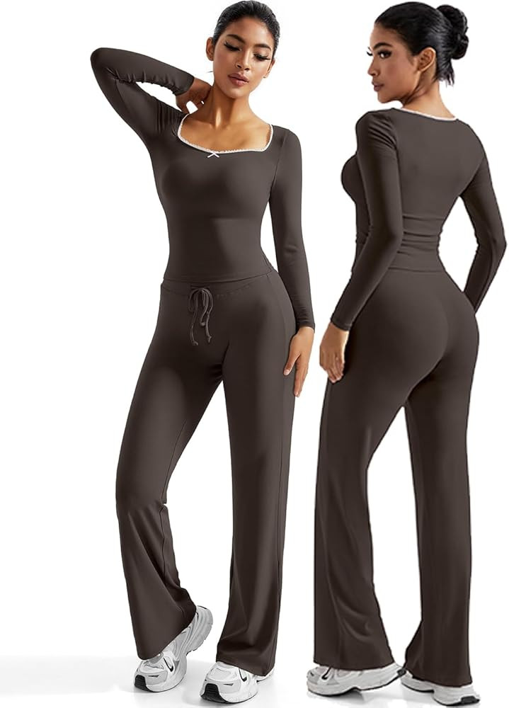 OMKAGI Womens Lounge Set Lace Square Neck Long Sleeve Tops Wide Leg Pants 2 Piece Outfits | Amazon (US)
