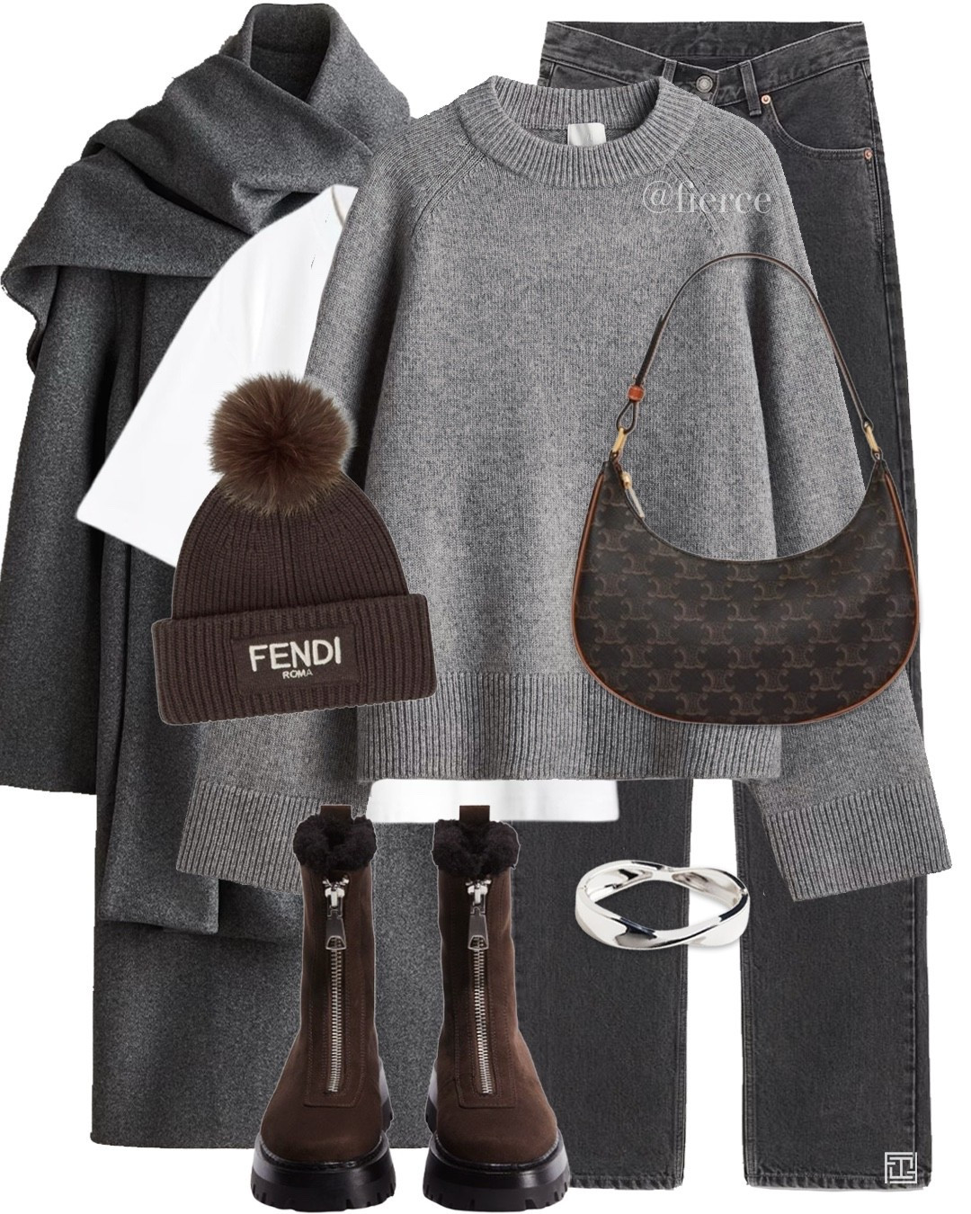 Grey scarf coat grey jeans grey jumper white tshirt Fendi Pom Pom beanie hat brown zipped ankle boots Celine Ava bag casual comfy outfit 

#LTKeurope #LTKuk #LTKwinter