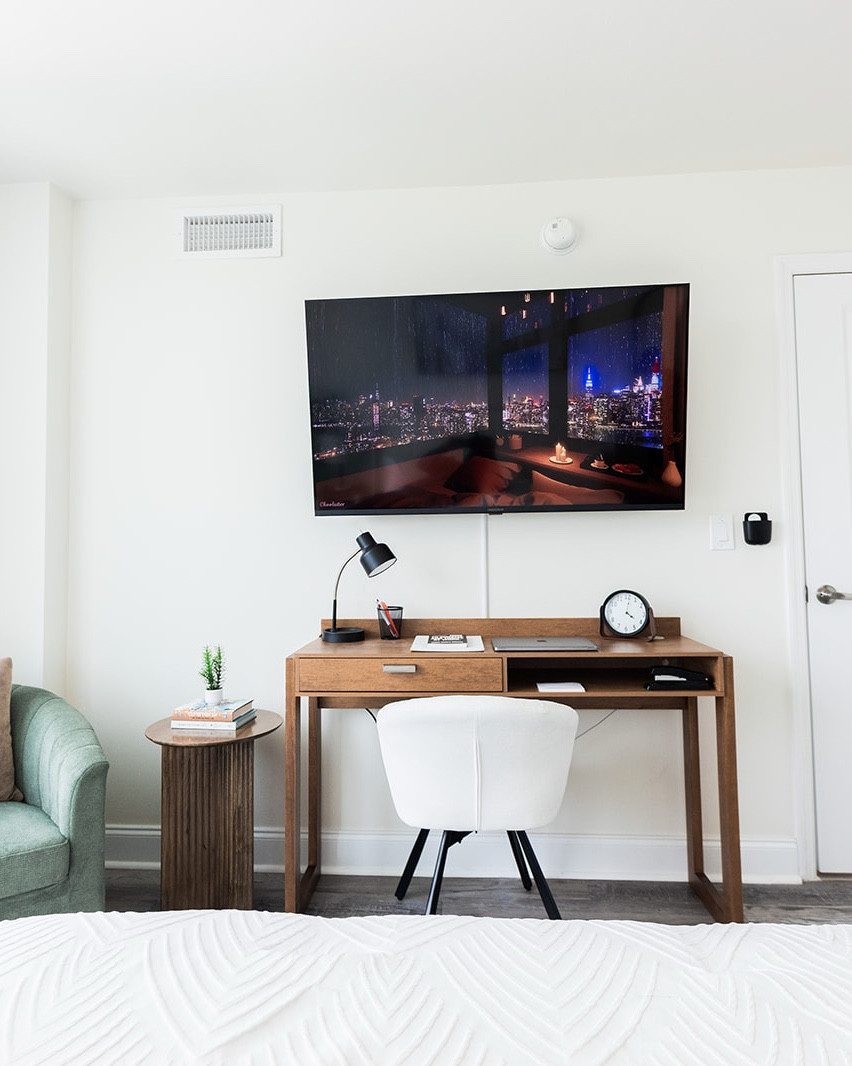 Dedicated workspace in our new Airbnb! Wooden desk and a few accessories go a long way! 

#LTKHome