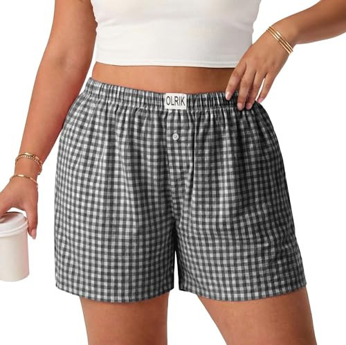 OLRIK Plus Size Boxer Shorts for Women 2026 Casual Gingham Pajama Bottoms Elastic Waist Plaid Bea... | Amazon (US)
