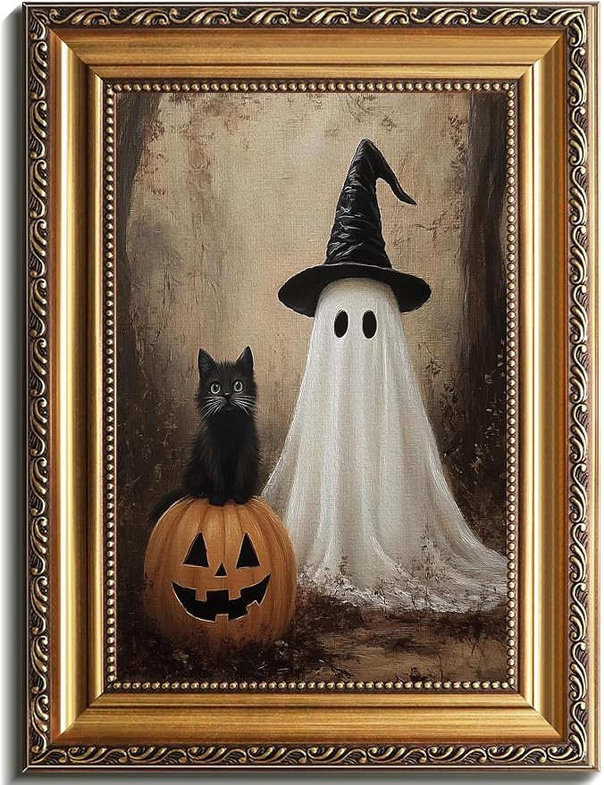 uniro Vintage Gold Framed Wall Art, Vintage Cute Ghost & Black Cat in Dark Fall Forest Halloween ... | Amazon (US)