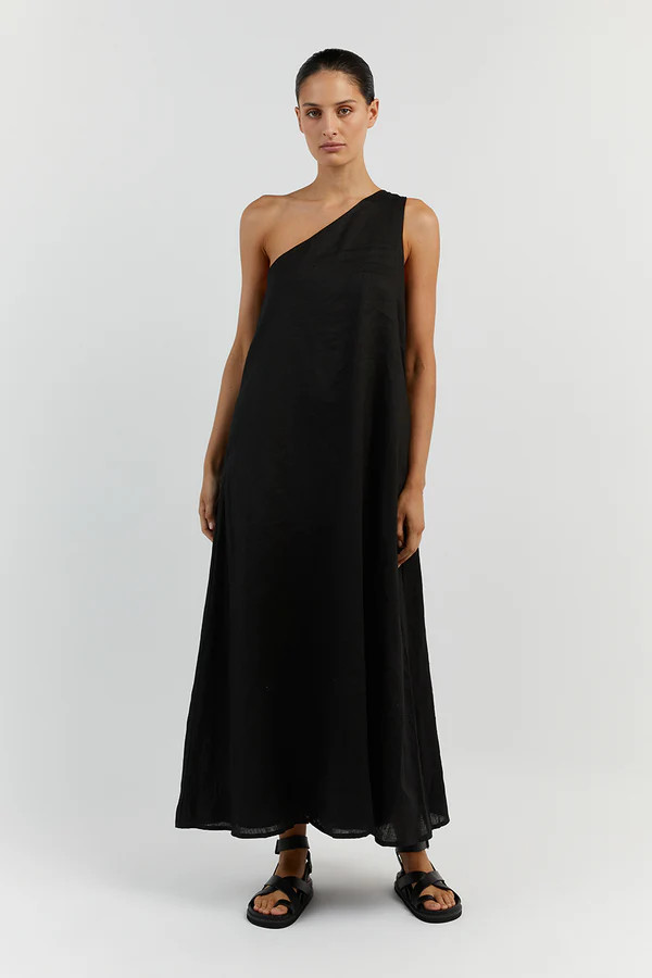 AMBER BLACK ONE SHOULDER LINEN MIDI DRESS | DISSH