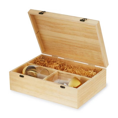 Twine Wine Box with 2 Gold-Dipped Stemless Wine Glasses, Metal Latches, Packing Straw, Holds 1 Standard Wine Bottle for Housewarming, Wedding Gift Box | Target