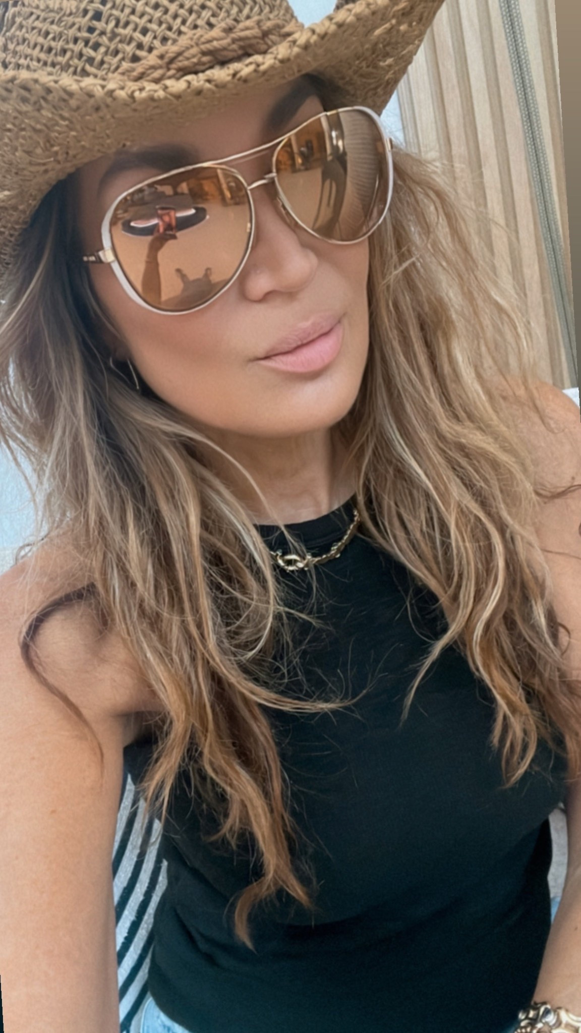 I used to shrink myself to be more “digestible.”
Now I wear the hat, the curls, the shades — and I let people choke on their expectations.

#ModernCowgirl #Over50AndThriving #MichaelKorsStyle #GoldenGlow #BohoCool #SoftAndStrong #ConfidentAF #SummerMood #LTKfashionfinds #StyledByMe #BoldAtAnyAge
