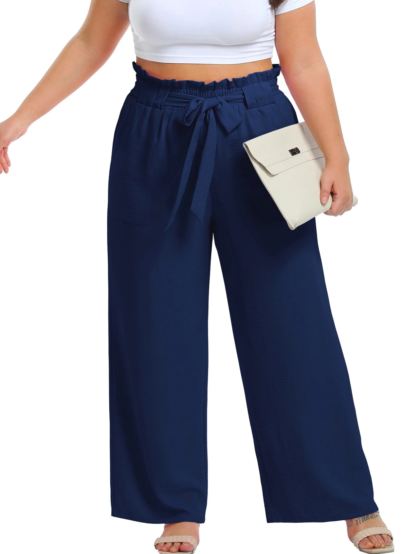 Cueply Womens Wide Leg Pants Plus Size Elastic Tie Knot Lounge Pants Loose Trousers with Pockets | Walmart (US)