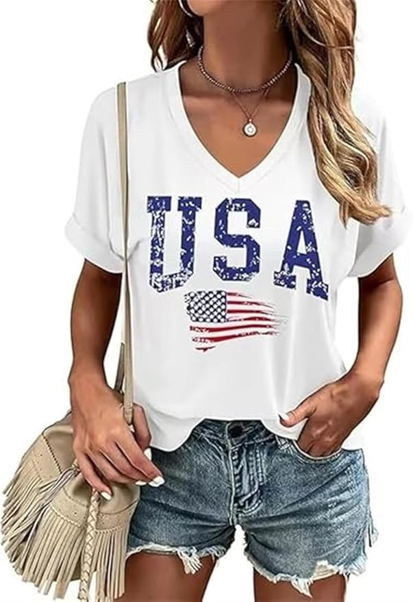Amazon.com: Women's 4th of July V-Neck T-Shirt USA American Flag Patriotic Short Sleeve Casual Lo... | Amazon (US)