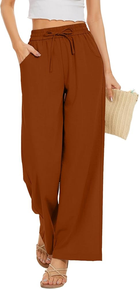 Women Flowy Pants Drawstring Waist Wide Leg Palazzo Beach Pants Loose Fit with Pockets | Amazon (US)