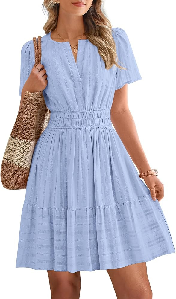 BTFBM Womens Spring 2026 Casual Mini Dresses Lightweight Short Sleeve V Neck Elastic Waist Cute B... | Amazon (US)