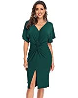 Floerns Women's Short Sleeve V Neck Twist Front Split Midi Dress | Amazon (US)