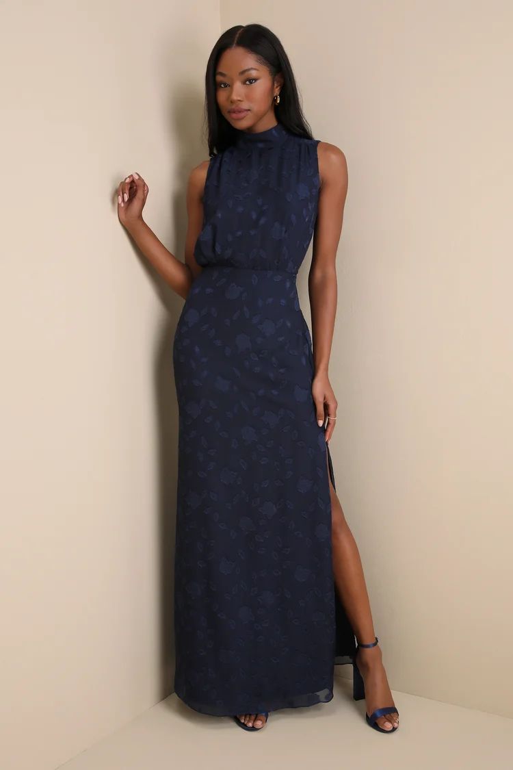 Classic Elegance Navy Blue Burnout Mock Neck Maxi Dress | Lulus