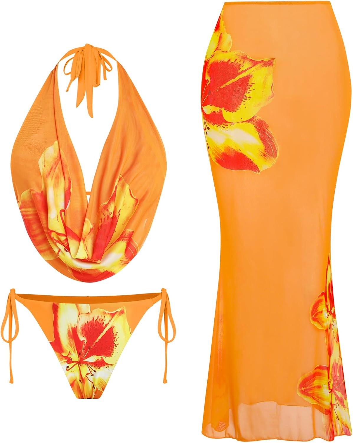 ZAFUL Women's 3 Piece Halter Swimsuit Draped Neck Bikini with Coverup Skirt | Amazon (US)