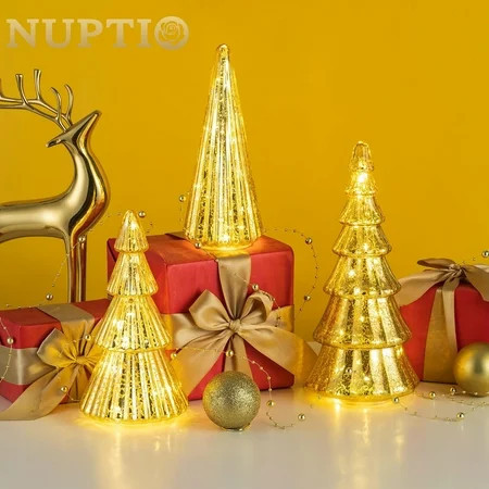 Nuptio Illuminated Mercury Glass Christmas Tree for Tabletop， Gold Christmas Centerpieces Tree Table Centerpiece Set of 3 (Gold) | Walmart (US)
