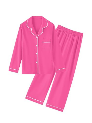 QZH.DUAO 100% Cotton Pajamas Set, Girls PJ Set Button Down Long Sleeve pjs Sleepwear Nightwear for girl, Hot Pink, 13-14 Years | Amazon (US)