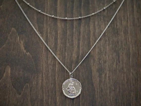 Double chain layered silver zodiac coin necklace  White rose | Etsy | Etsy (US)