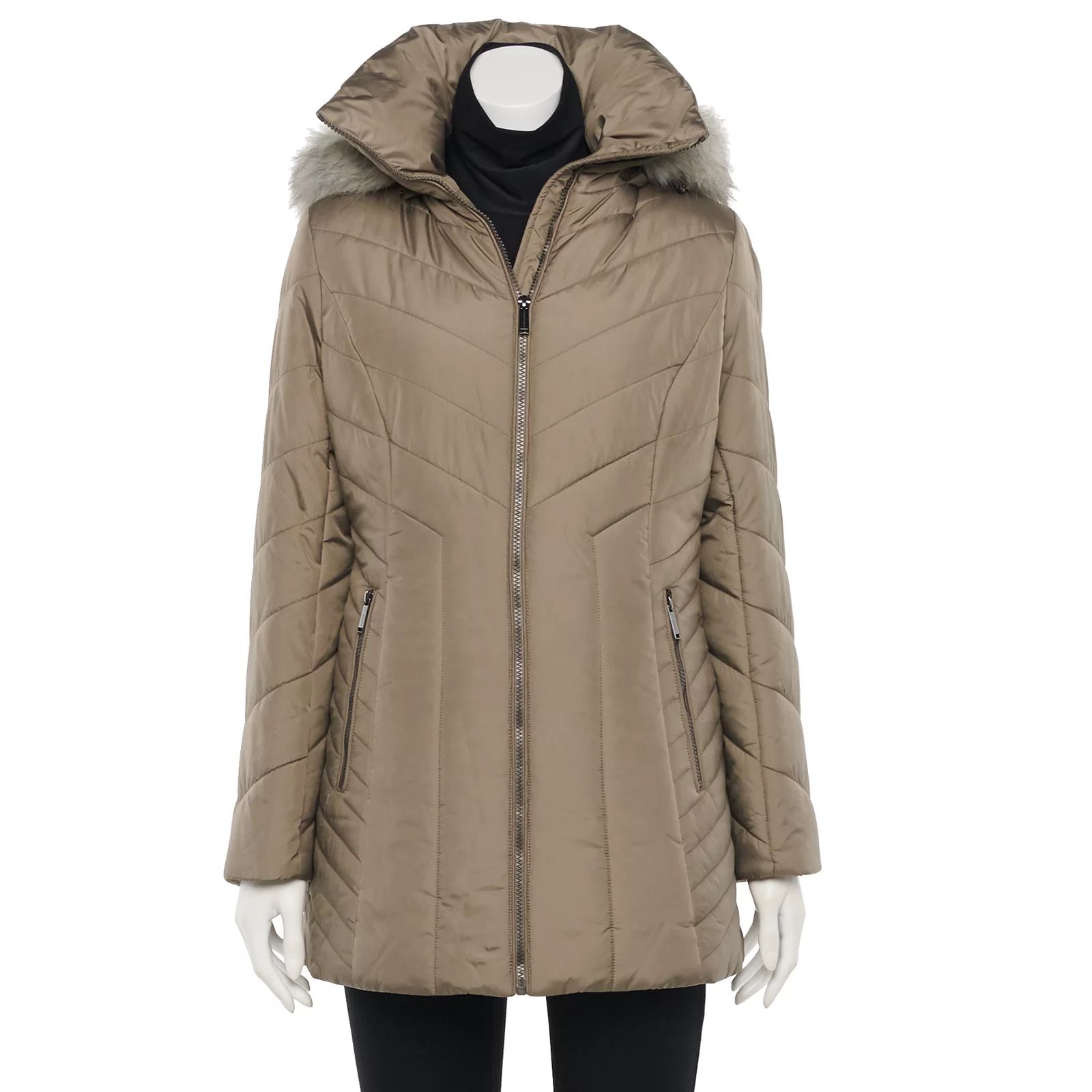 Women's TOWER by London Fog Faux-Fur Trim Hooded Puffer Jacket, Size: Medium, Med Beige | Kohl's