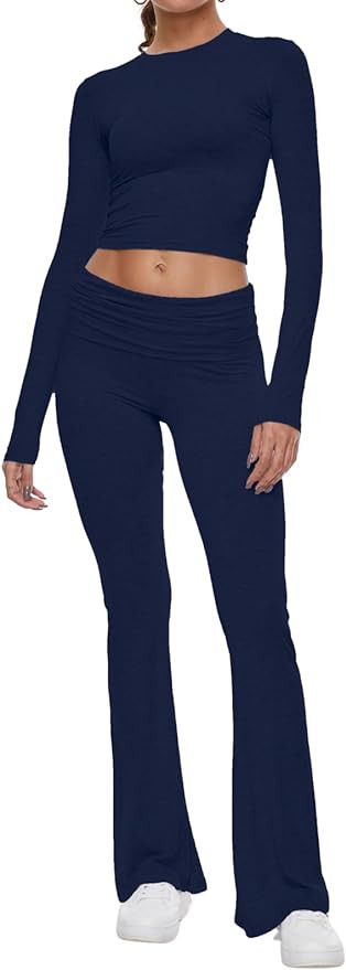 AnotherChill Women's 2 Piece Lounge Sets Fold-over Flare Pants Set Long Sleeve Cropped Top Casual... | Amazon (US)